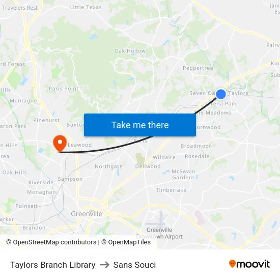 Taylors Branch Library to Sans Souci map