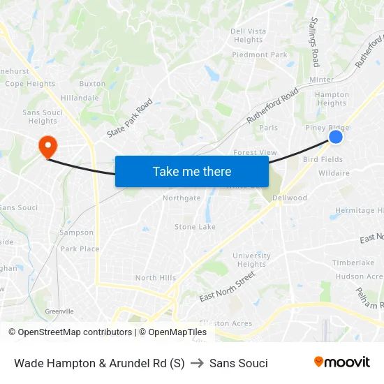 Wade Hampton & Arundel Rd (S) to Sans Souci map