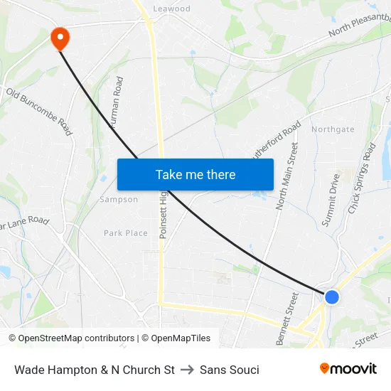 Wade Hampton & N Church St to Sans Souci map