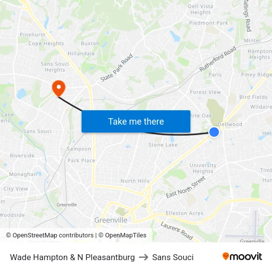 Wade Hampton & N Pleasantburg to Sans Souci map