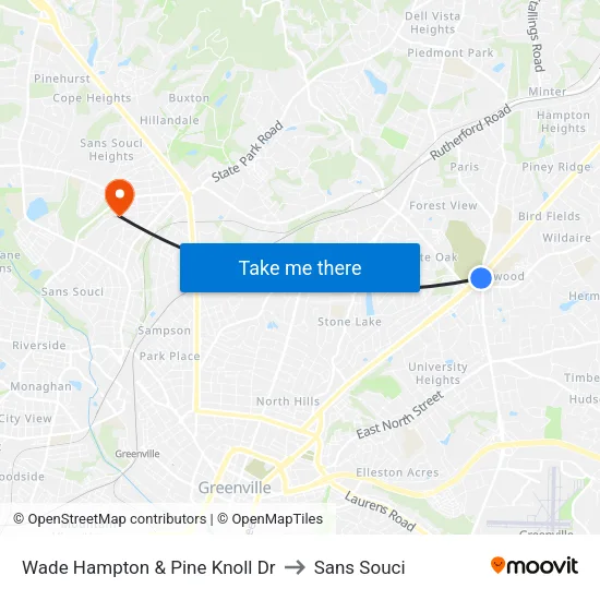 Wade Hampton & Pine Knoll Dr to Sans Souci map