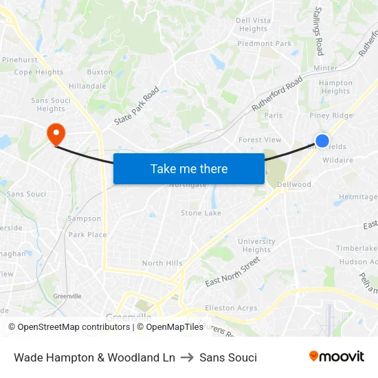 Wade Hampton & Woodland Ln to Sans Souci map