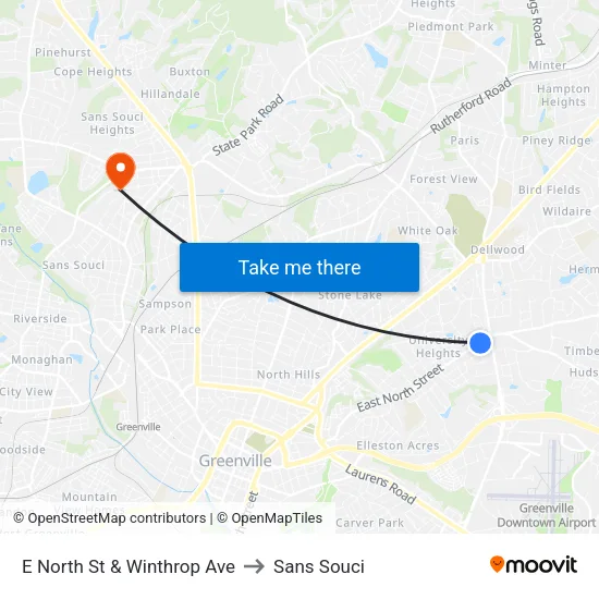 E North St & Winthrop Ave to Sans Souci map