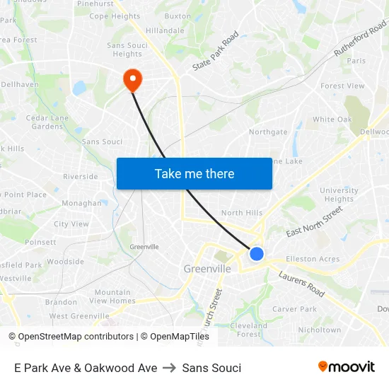 E Park Ave & Oakwood Ave to Sans Souci map