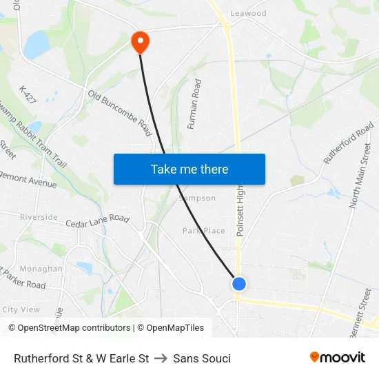 Rutherford St & W Earle St to Sans Souci map