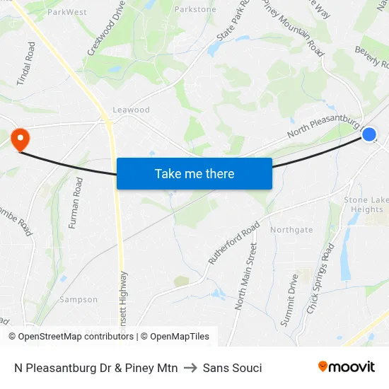 N Pleasantburg Dr & Piney Mtn to Sans Souci map