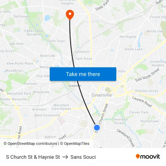 S Church St & Haynie St to Sans Souci map