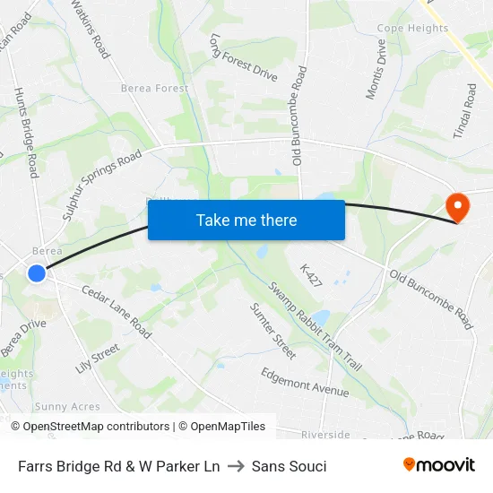 Farrs Bridge Rd & W Parker Ln to Sans Souci map