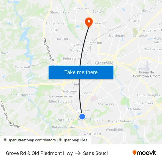 Grove Rd & Old Piedmont Hwy to Sans Souci map