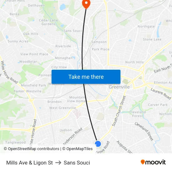 Mills Ave & Ligon St to Sans Souci map