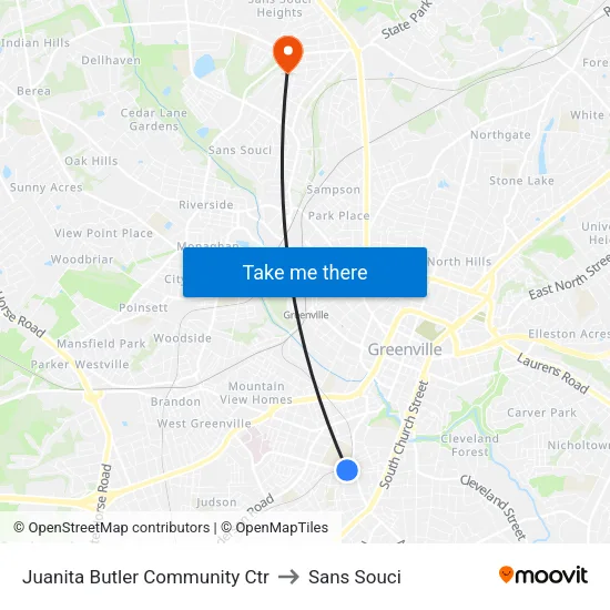 Juanita Butler Community Ctr to Sans Souci map