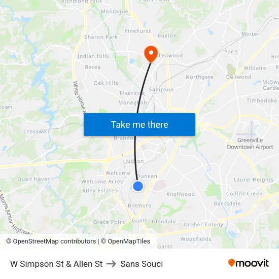 W Simpson St & Allen St to Sans Souci map