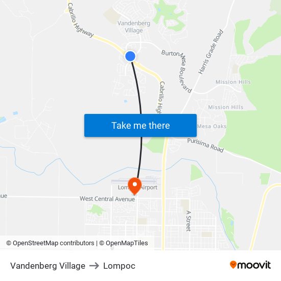 Vandenberg Village to Lompoc map