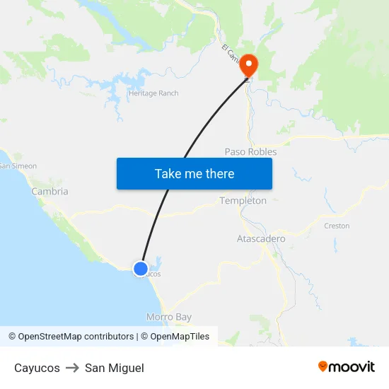 Cayucos to San Miguel map