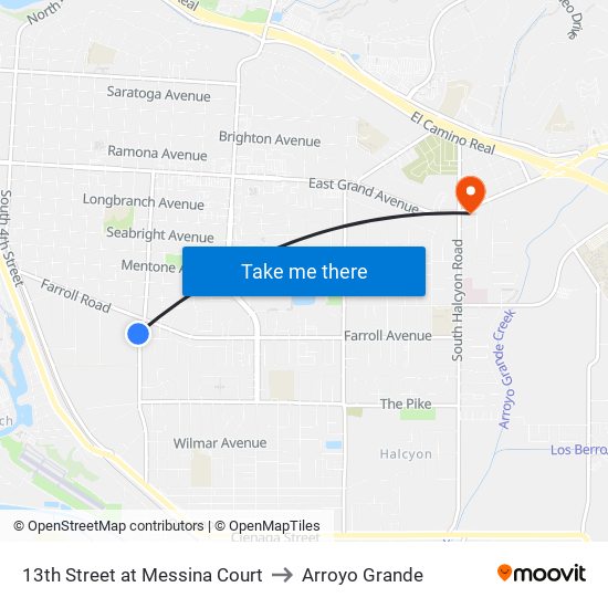 13th Street at Messina Court to Arroyo Grande map