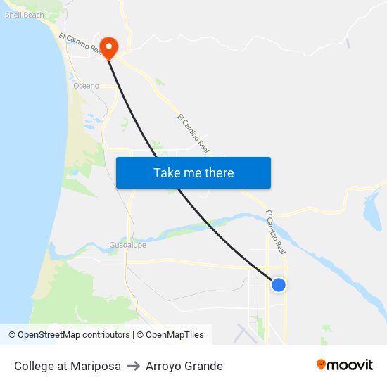 College at Mariposa to Arroyo Grande map