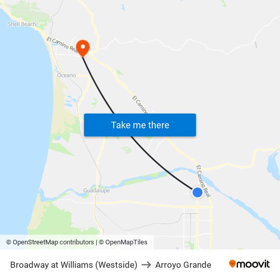 Broadway at Williams (Westside) to Arroyo Grande map