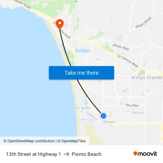 13th Street at Highway 1 to Pismo Beach map