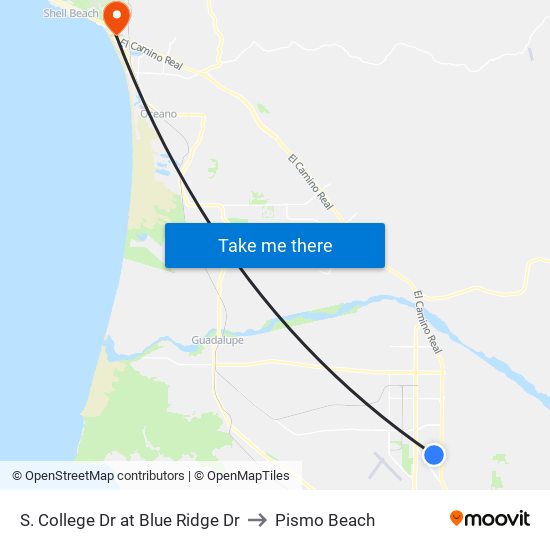 S. College Dr at Blue Ridge Dr to Pismo Beach map