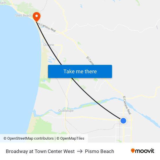 Broadway at Town Center West to Pismo Beach map