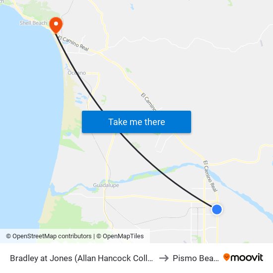 Bradley at Jones (Allan Hancock College) to Pismo Beach map
