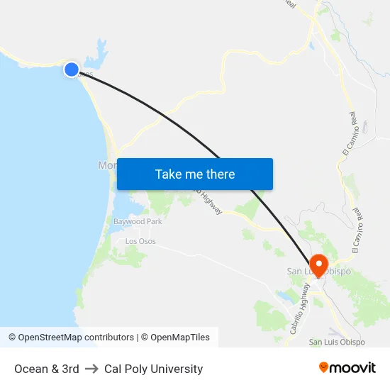Ocean & 3rd to Cal Poly University map