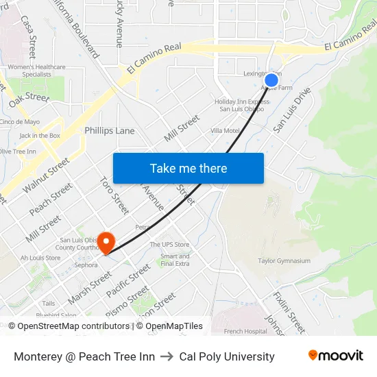 Monterey @ Peach Tree Inn to Cal Poly University map