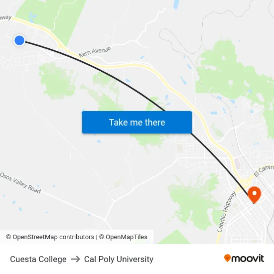 Cuesta College to Cal Poly University map
