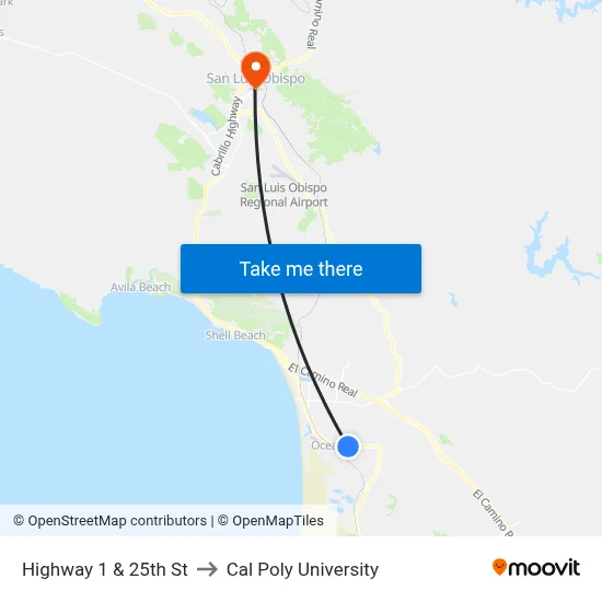 Highway 1 & 25th St to Cal Poly University map