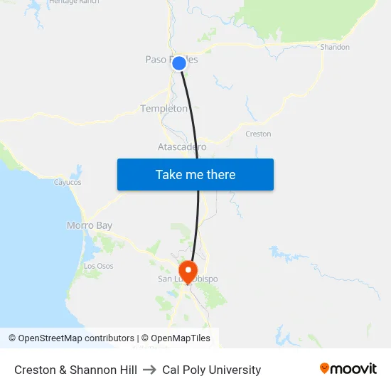 Creston & Shannon Hill to Cal Poly University map