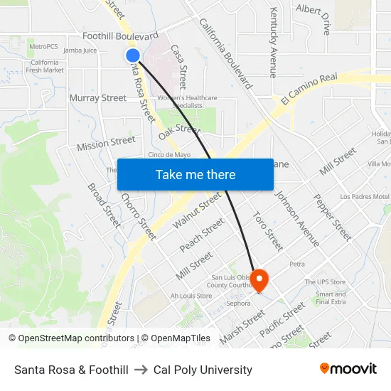 Santa Rosa & Foothill to Cal Poly University map