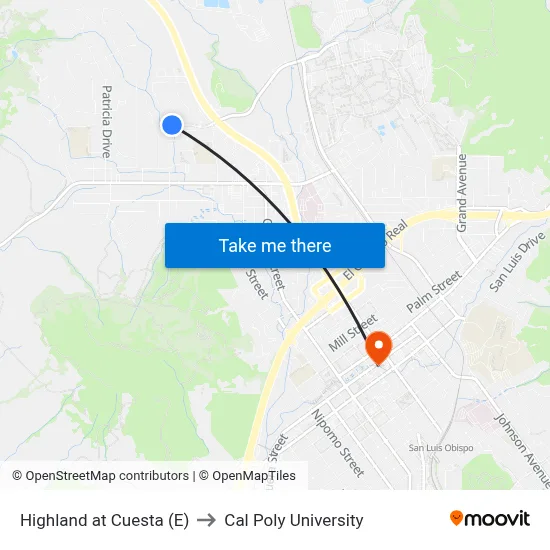 Highland at Cuesta (E) to Cal Poly University map