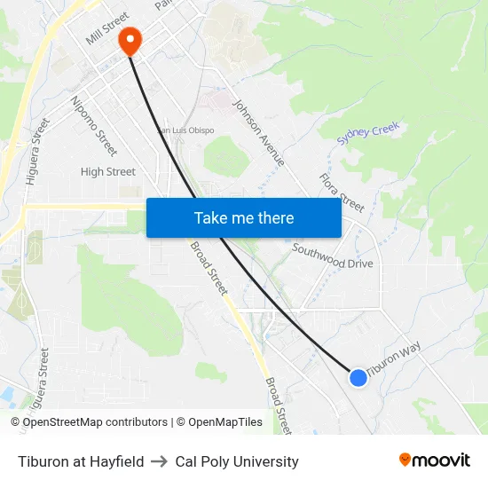 Tiburon at Hayfield to Cal Poly University map