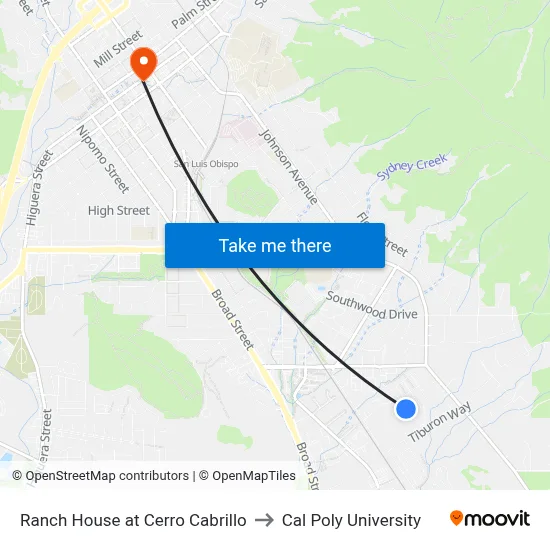Ranch House at Cerro Cabrillo to Cal Poly University map