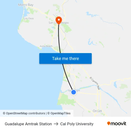 Guadalupe Amtrak Station to Cal Poly University map