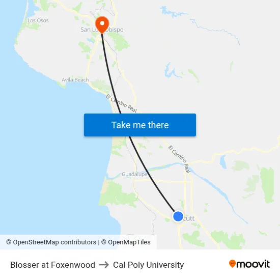Blosser at Foxenwood to Cal Poly University map