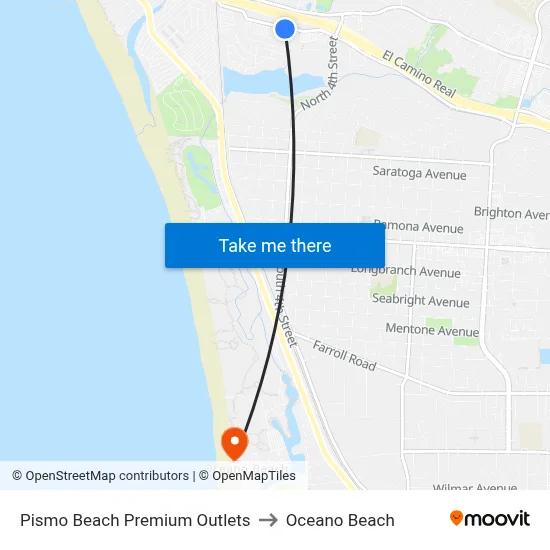 Pismo Beach Premium Outlets to Oceano Beach map
