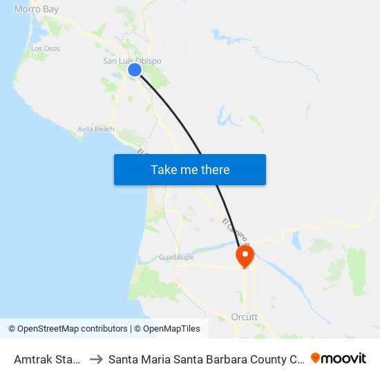 Amtrak Station to Santa Maria Santa Barbara County CA USA map