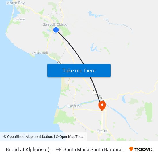 Broad at Alphonso (The Village) to Santa Maria Santa Barbara County CA USA map