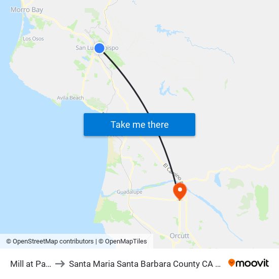 Mill at Park to Santa Maria Santa Barbara County CA USA map