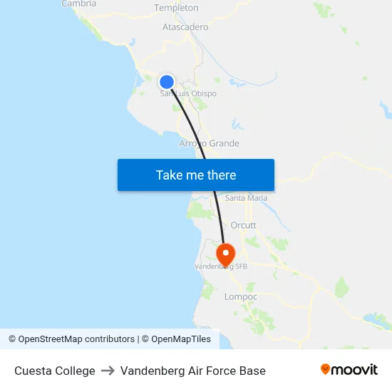 Cuesta College to Vandenberg Air Force Base map
