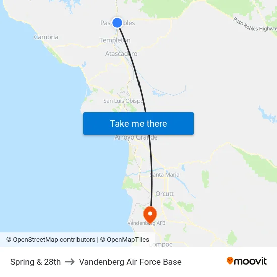 Spring & 28th to Vandenberg Air Force Base map