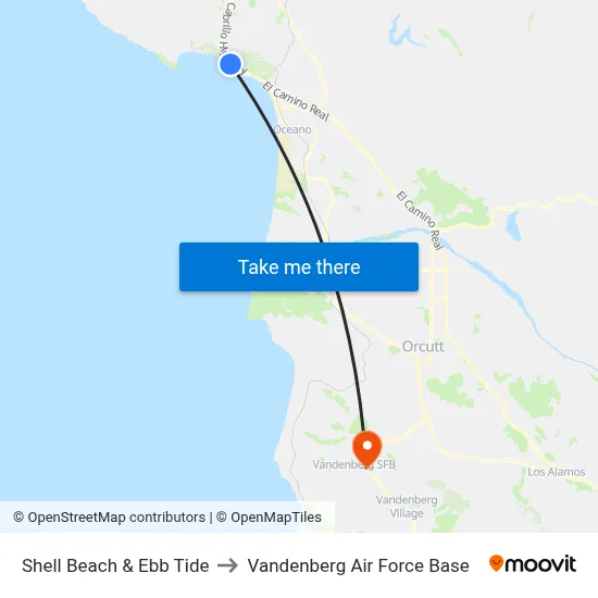 Shell Beach & Ebb Tide to Vandenberg Air Force Base map