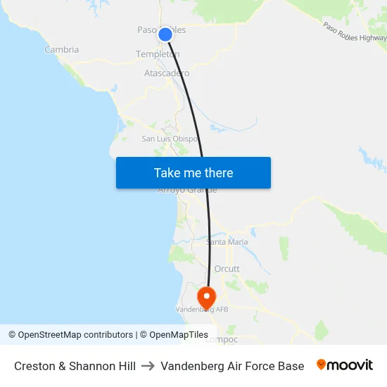 Creston & Shannon Hill to Vandenberg Air Force Base map