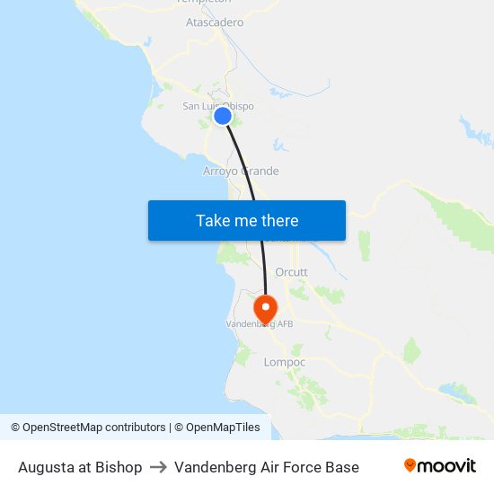 Augusta at Bishop to Vandenberg Air Force Base map