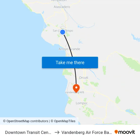 Downtown Transit Center to Vandenberg Air Force Base map