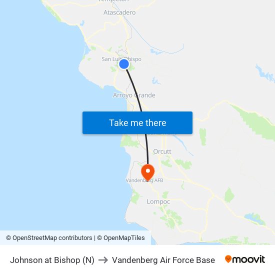 Johnson at Bishop (N) to Vandenberg Air Force Base map