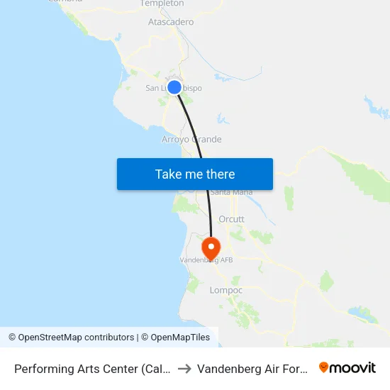 Performing Arts Center (Cal Poly) (S) to Vandenberg Air Force Base map