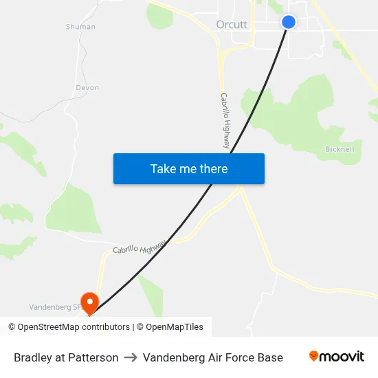 Bradley at Patterson to Vandenberg Air Force Base map