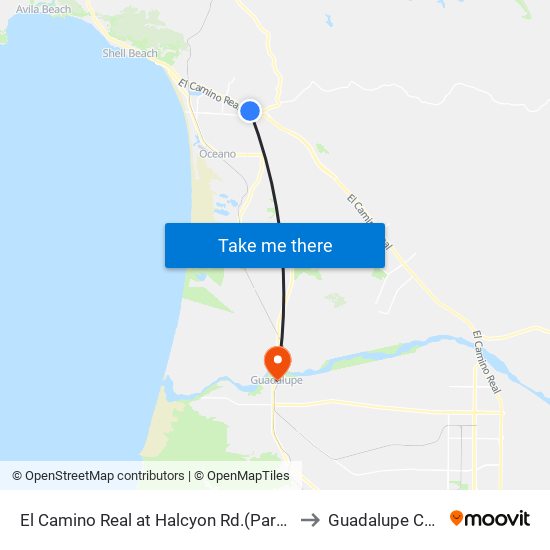 El Camino Real at Halcyon Rd.(Park And Ride) to Guadalupe CA USA map